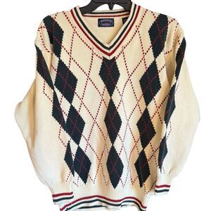 Vintage Regatta Sport Cotton Cream/Black/Red Argyle Unisex V-Neck Sweater